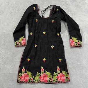 Indian Floral Midi Long Sleeve Dress Women XS / S Black Pink Cultural